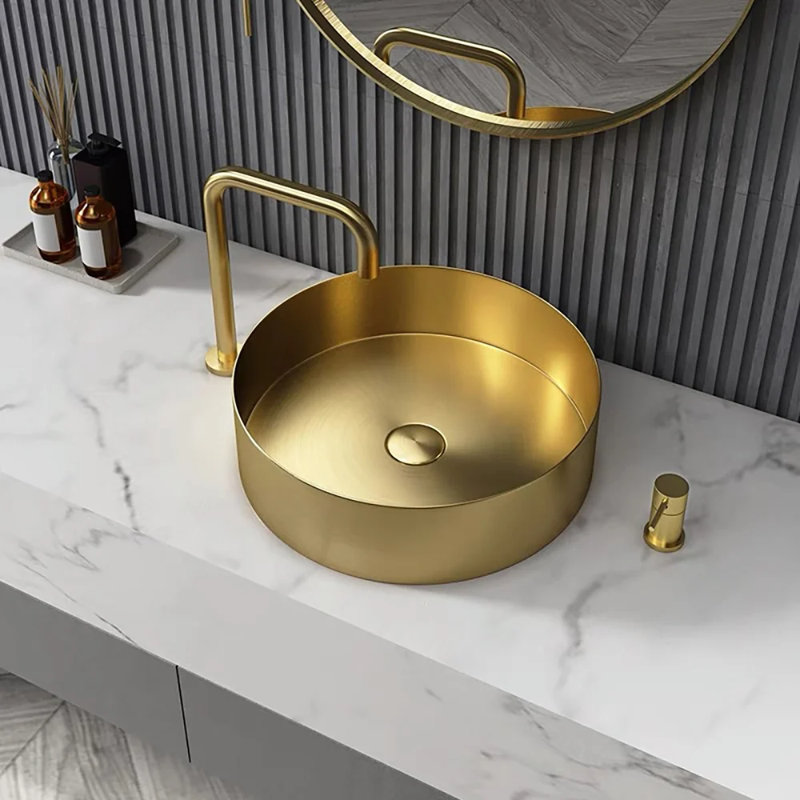 Homary 18.33'' Gold Stainless Steel Circular Vessel Bathroom Sink | Wayfair
